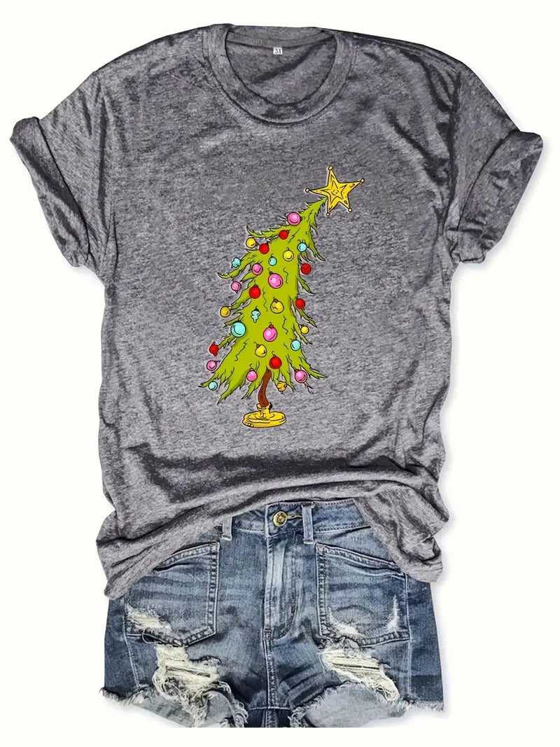 Christmas Tree Print Crew Neck T-Shirt 1161
