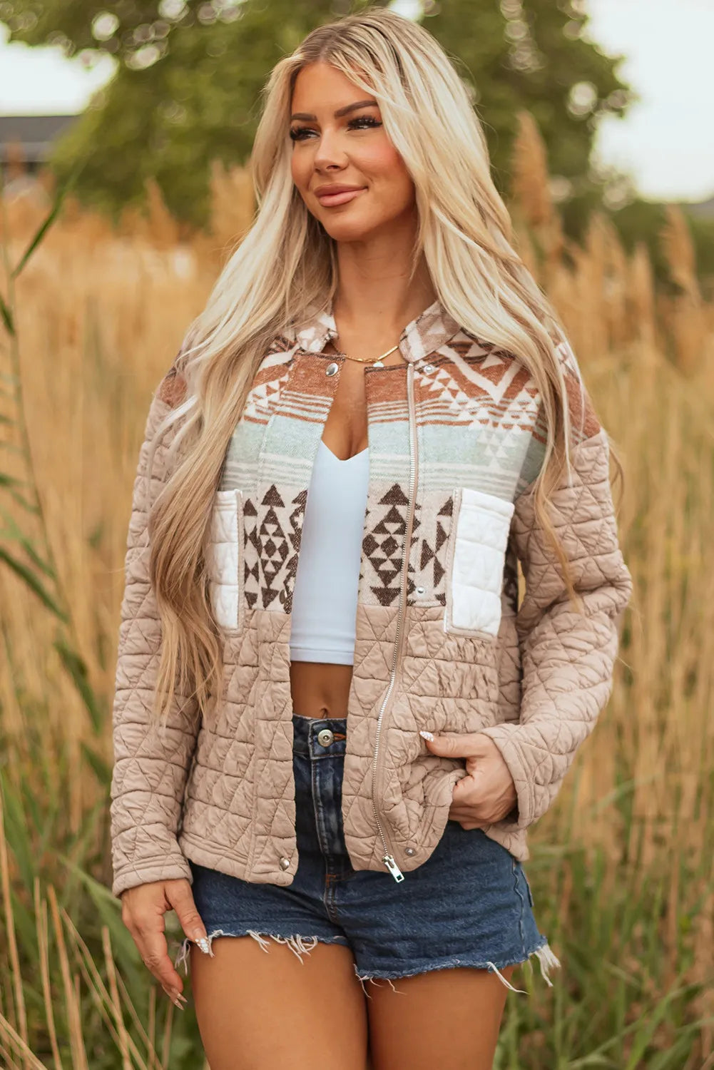 Light French Beige Aztec Quilted Patchwork Western Jacket