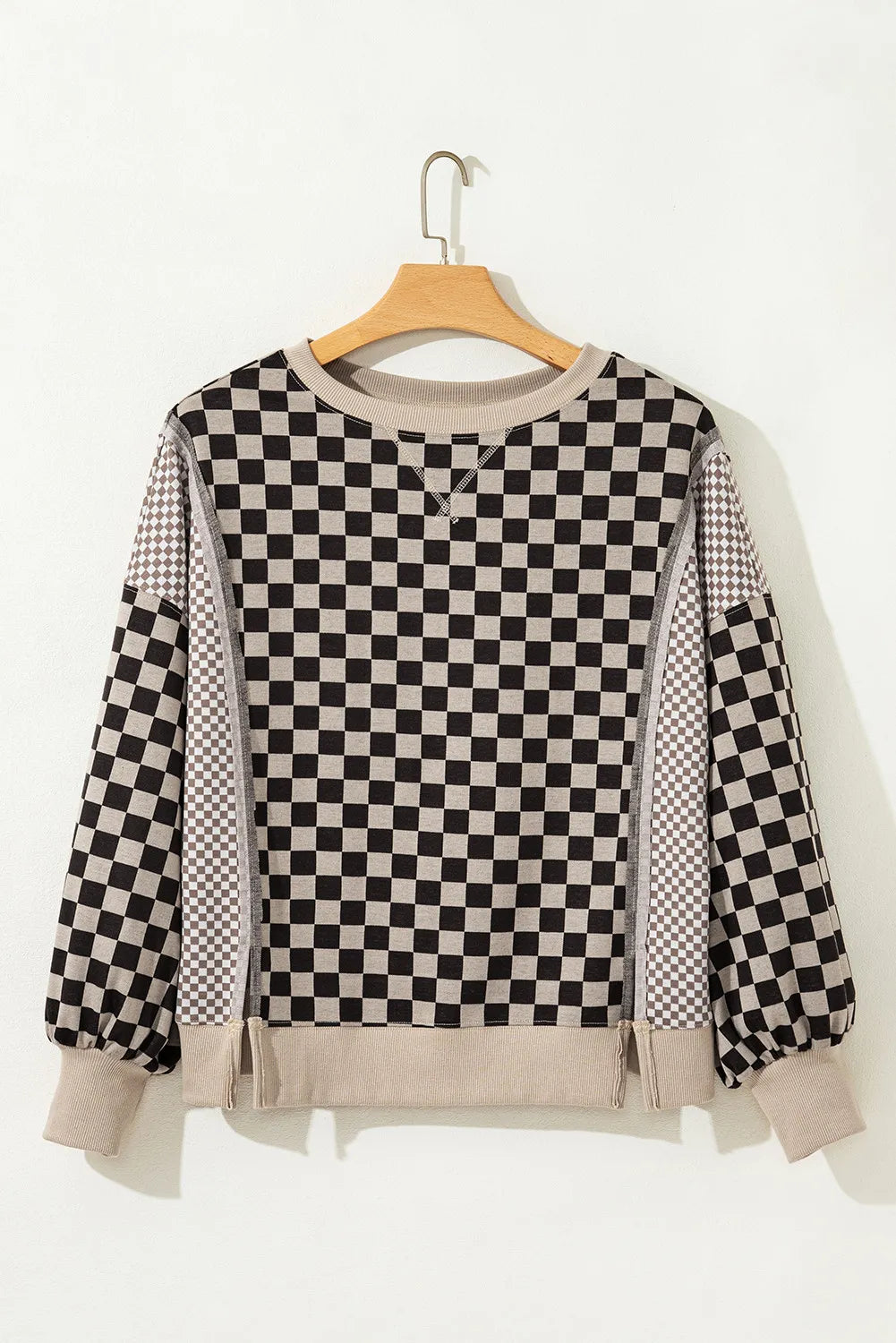 Khaki Mixed Checkered Pattern Patchwork High Low Casual Top