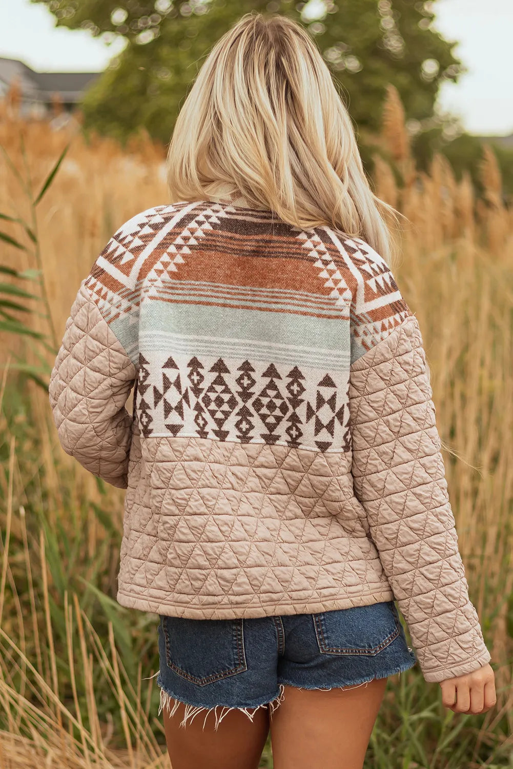 Light French Beige Aztec Quilted Patchwork Western Jacket