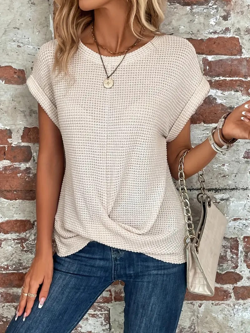 Solid Color Crew Neck T-shirt Beige Waffle Twisted top 7771