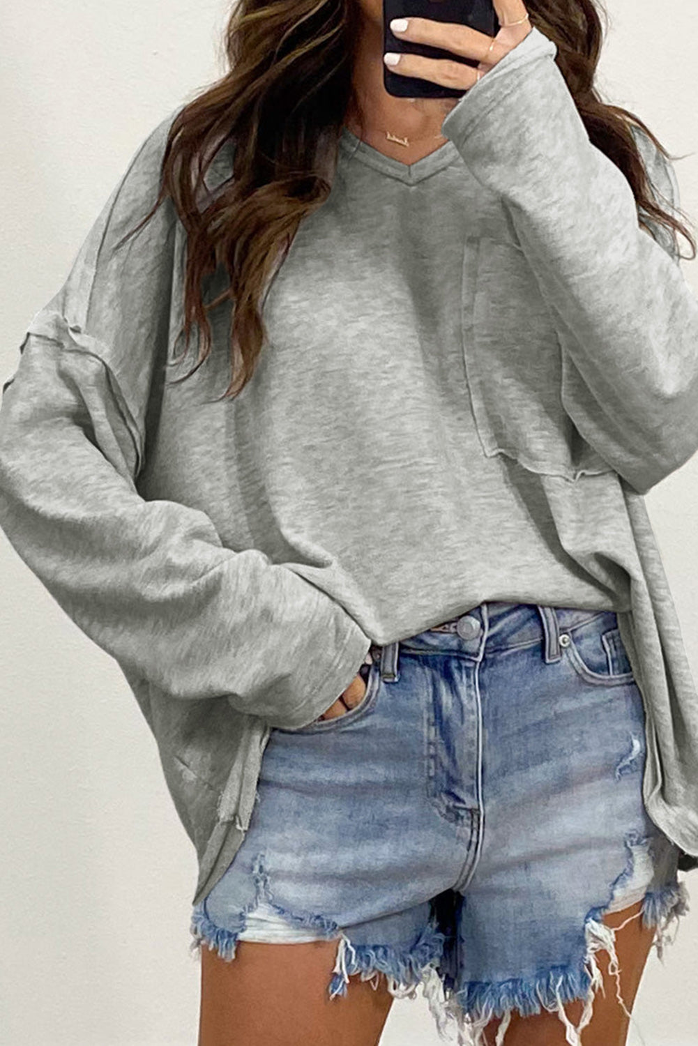 Gray Pocketed Oversized Drop Sleeve Top Item NO.: 7807