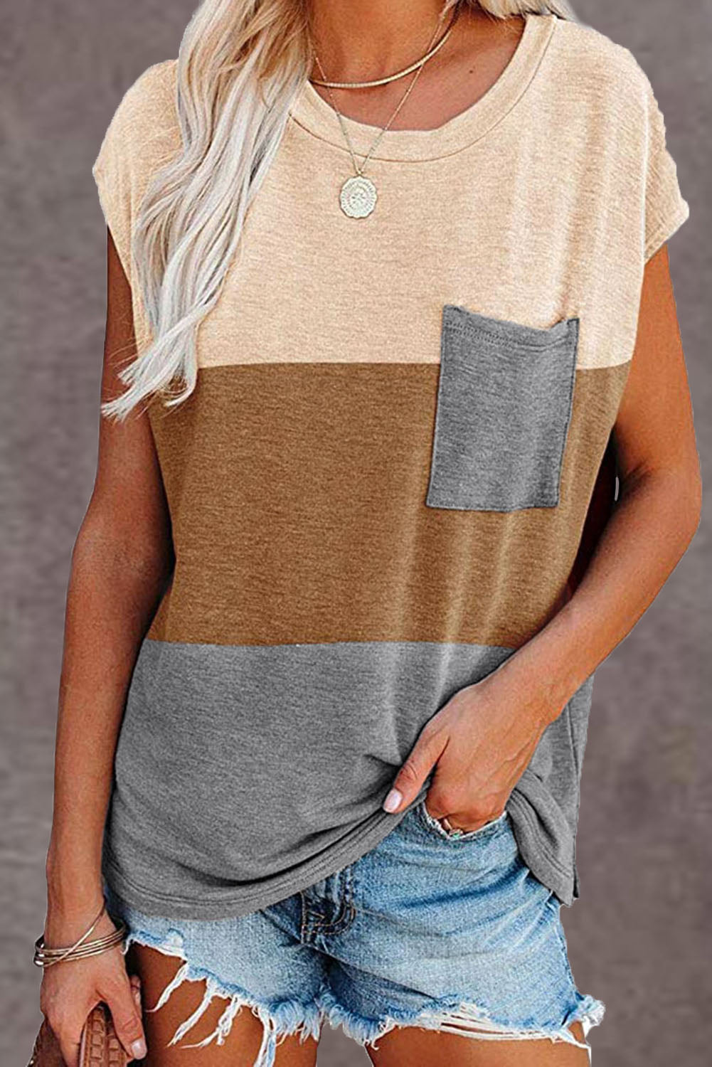 Brown Colorblock Pocketed Cap Sleeve Top Item NO.: 5657