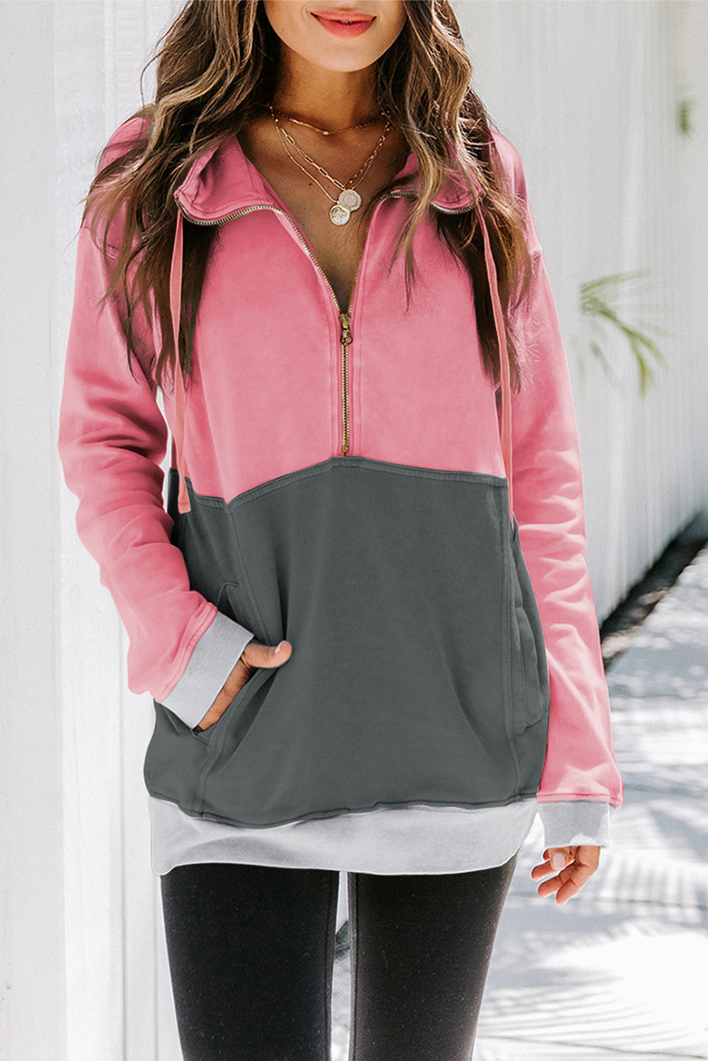 Pink Zipped Colorblock Sweatshirt with Pockets Item NO: 7910