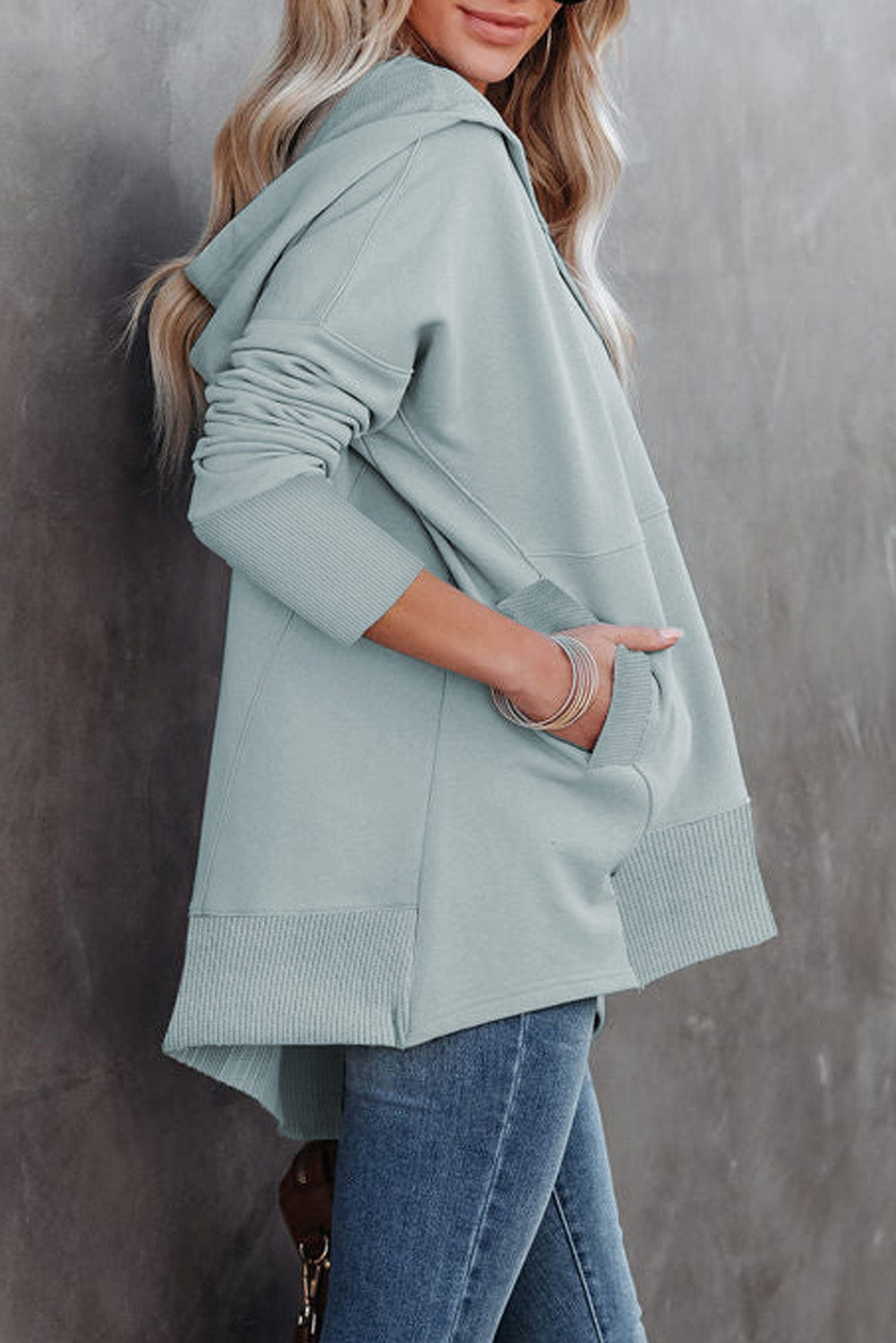 Gray Batwing Sleeve Pocketed Henley Hoodie Item NO.: 1926