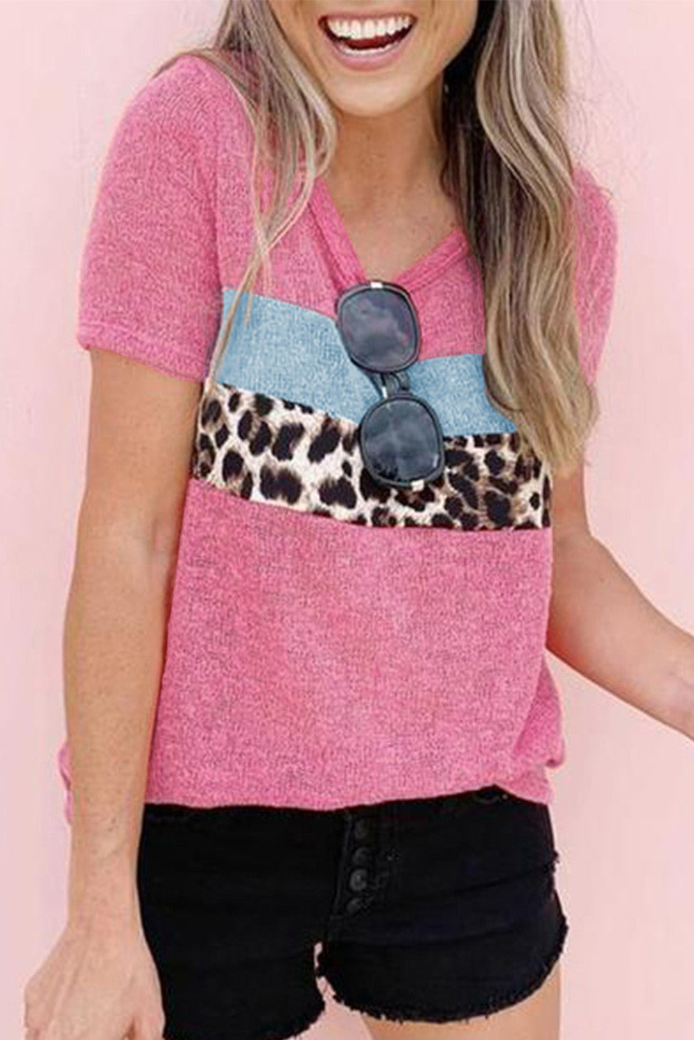 Small Pink Round Neck Leopard Patchwork Tee Item NO.: 4035