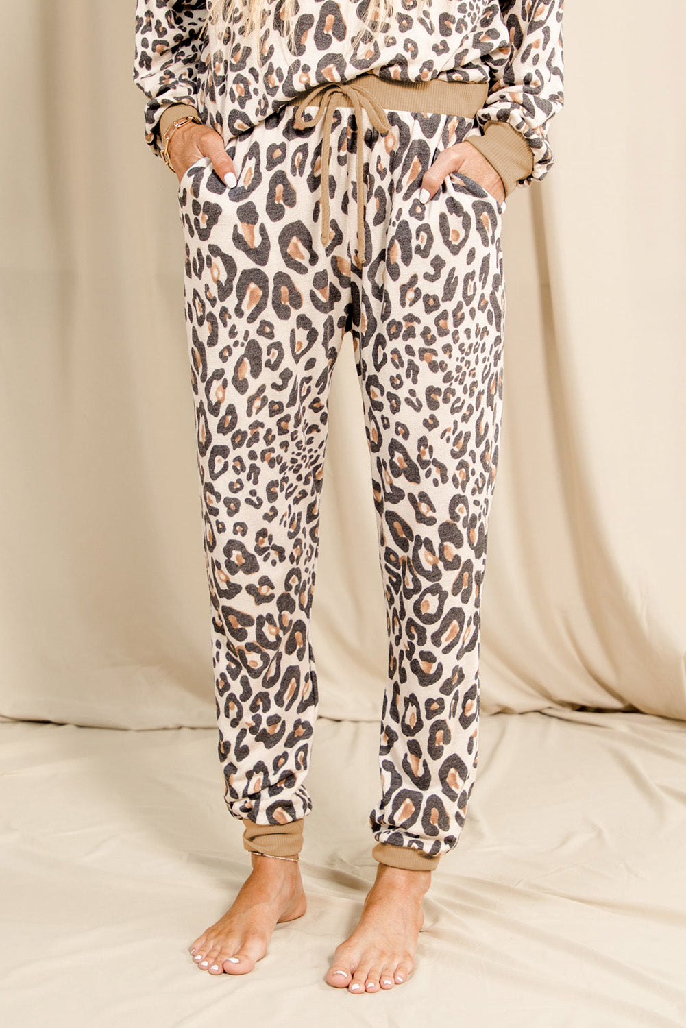 Leopard Print Long Sleeve Top and Drawstring Pants Loungewear Item NO.: 5287