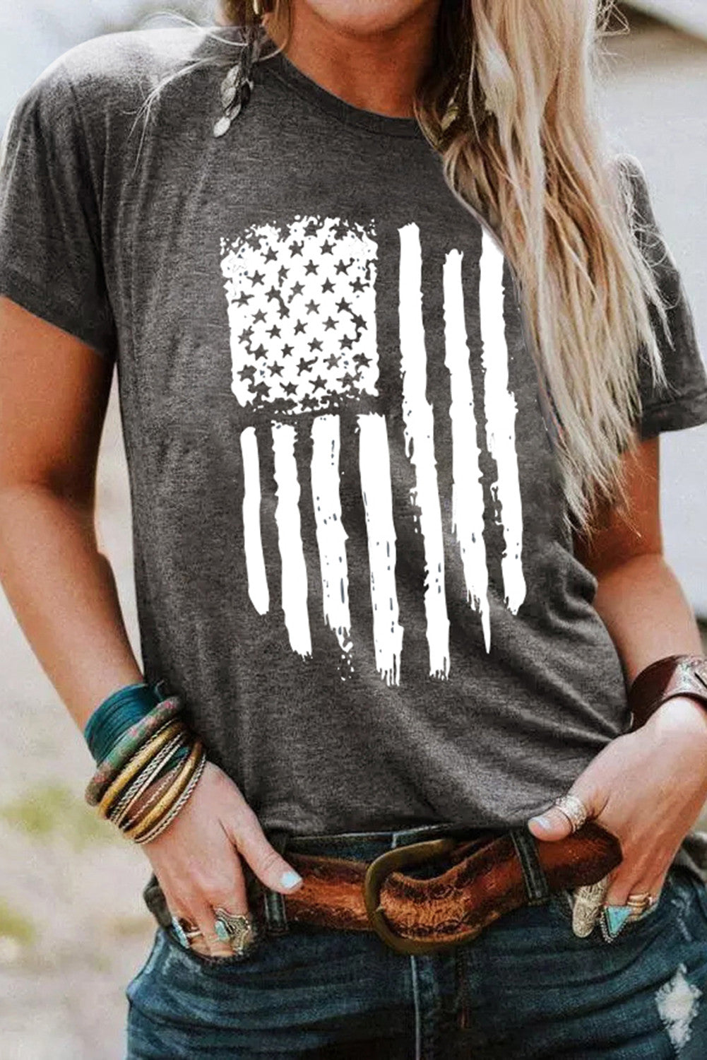 Gray America Flag Print Short Sleeve Crewneck T-shirt Item NO.: 3987