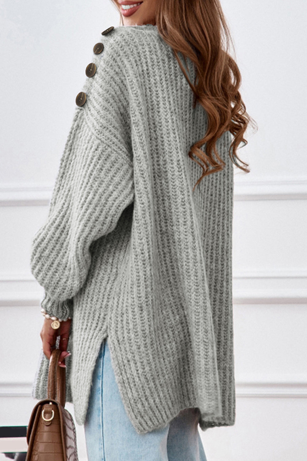 Gray Buttoned Drop Shoulder Oversized Sweater Item NO.: LC2722469