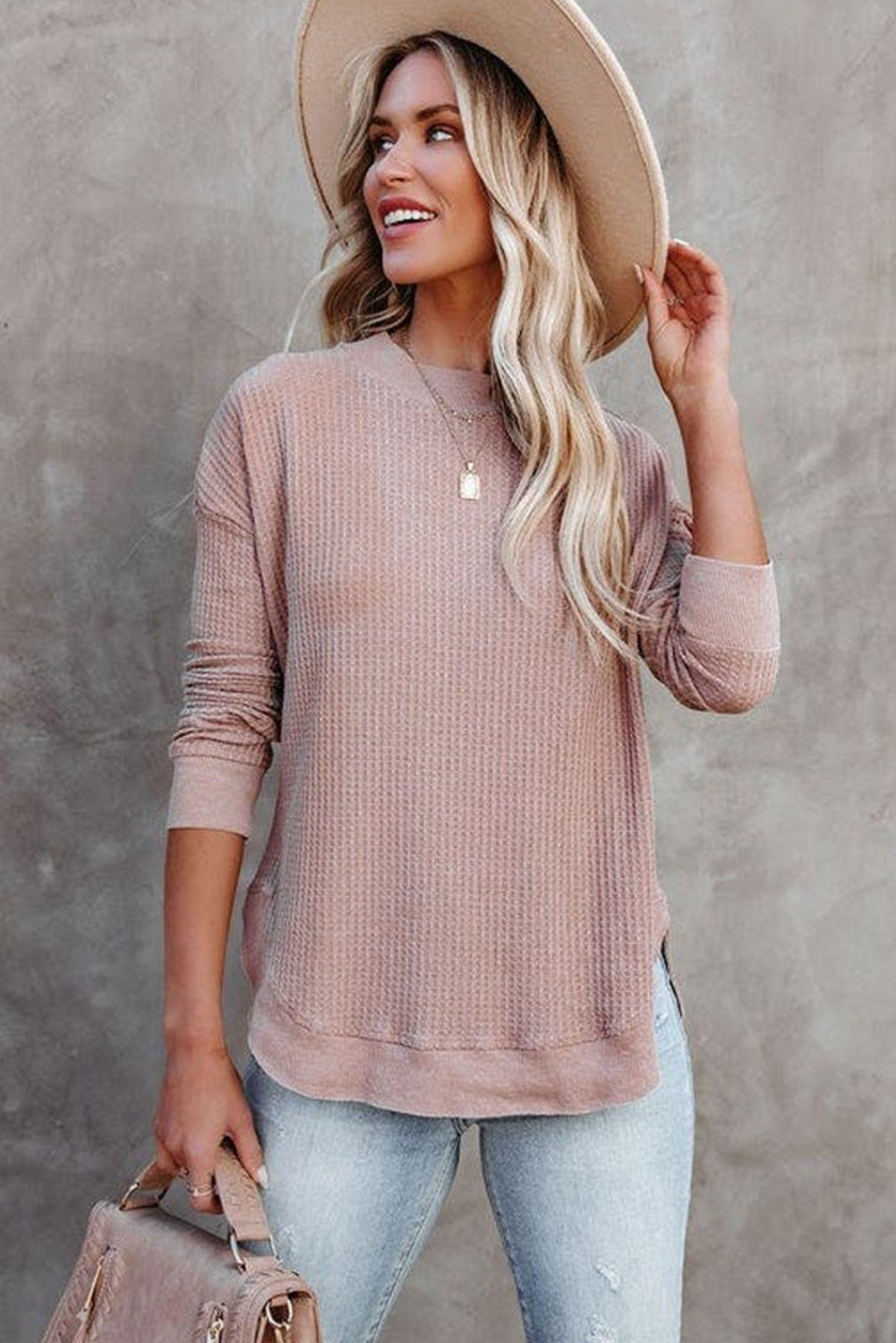 Pink Crew Neck Ribbed Trim Waffle Knit Top No: 5662