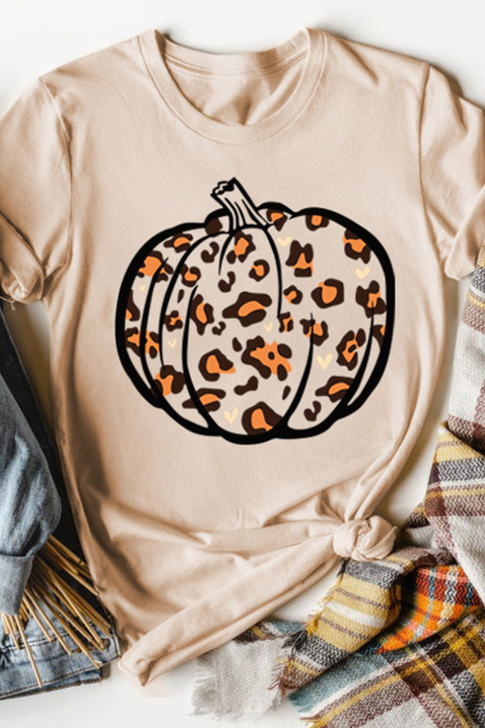 Khaki Pumpkin Leopard Print Short Sleeve Graphic T Shirt NO:  8570