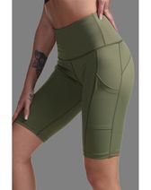 Medium Army Green High Waist Tummy Control Side Pockets Biker Yoga Shorts 3778