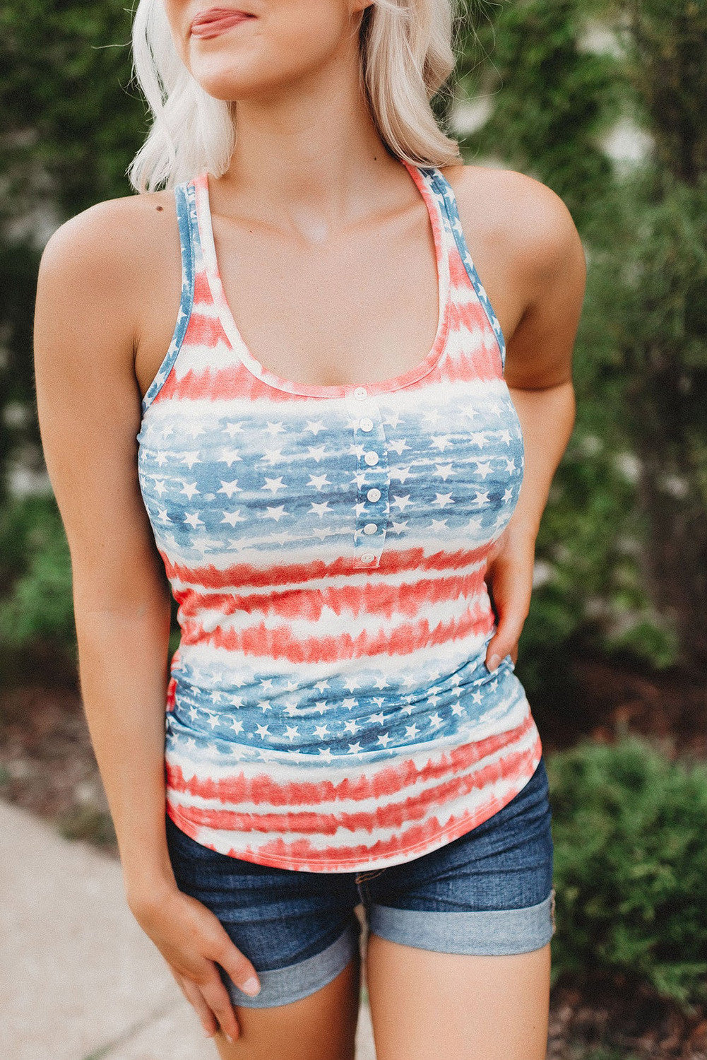 American Flag Scoop Neck Buttoned Tank Top 5925