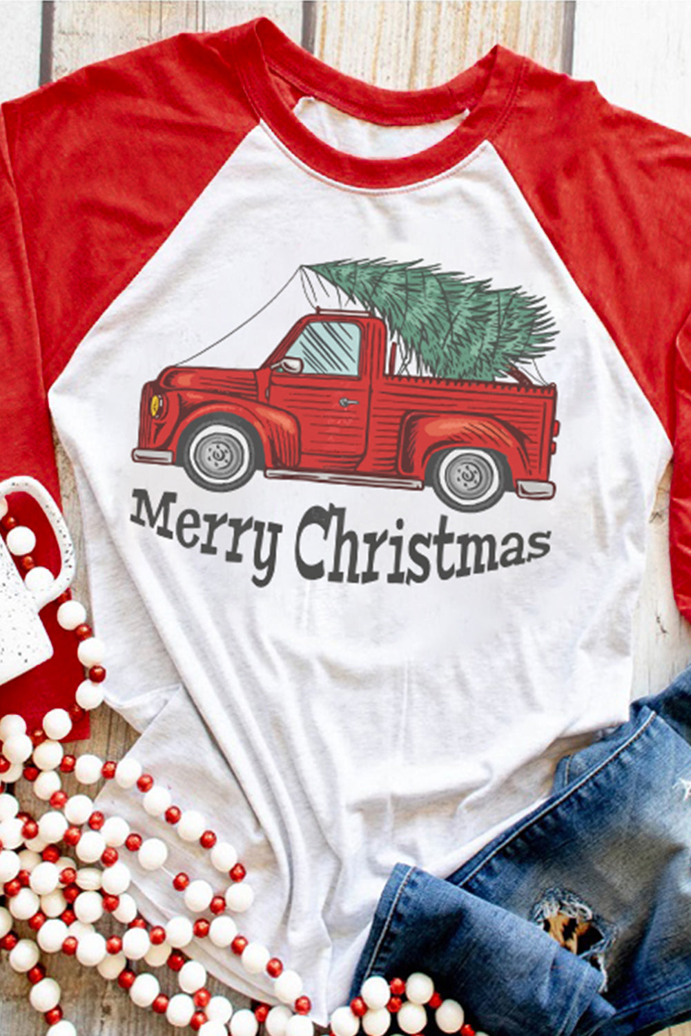 Red Merry Christmas Truck Graphic Print Color Block Top 8465