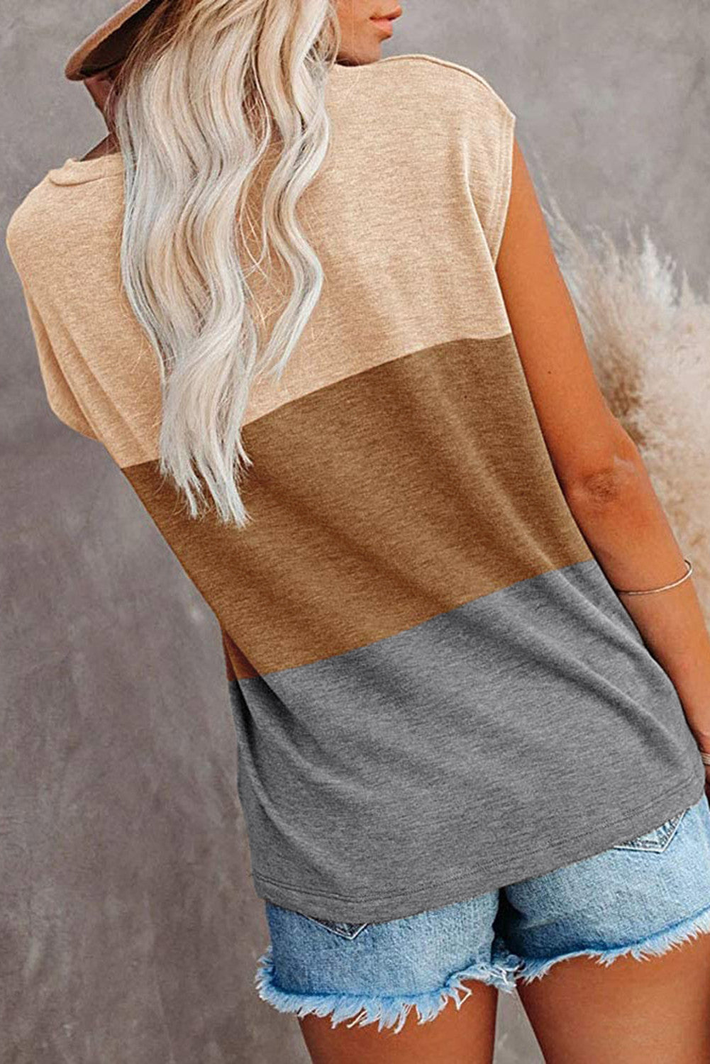 Brown Colorblock Pocketed Cap Sleeve Top Item NO.: LC2525657