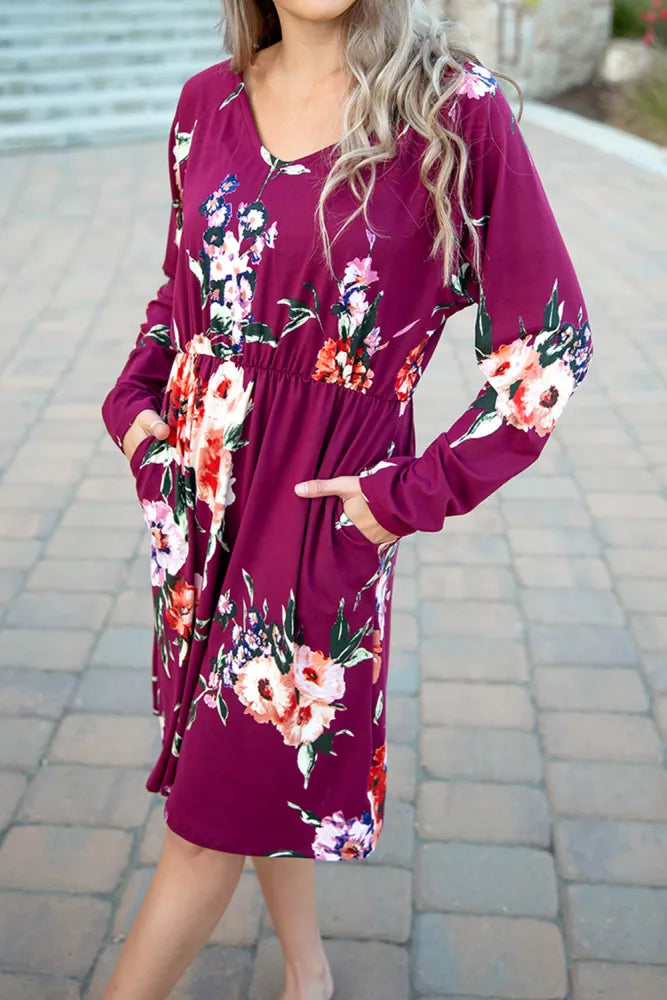 Rose Long Sleeve High Waist Floral Dress Item NO.: 2300