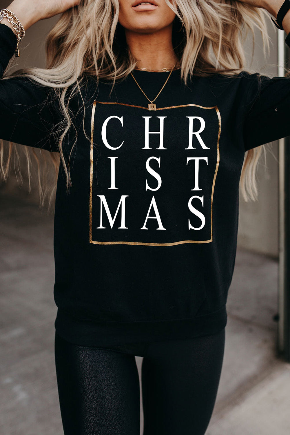 Black CHRISTMAS Glitter Print Crew Neck Sweatshirt Item NO.: 3684