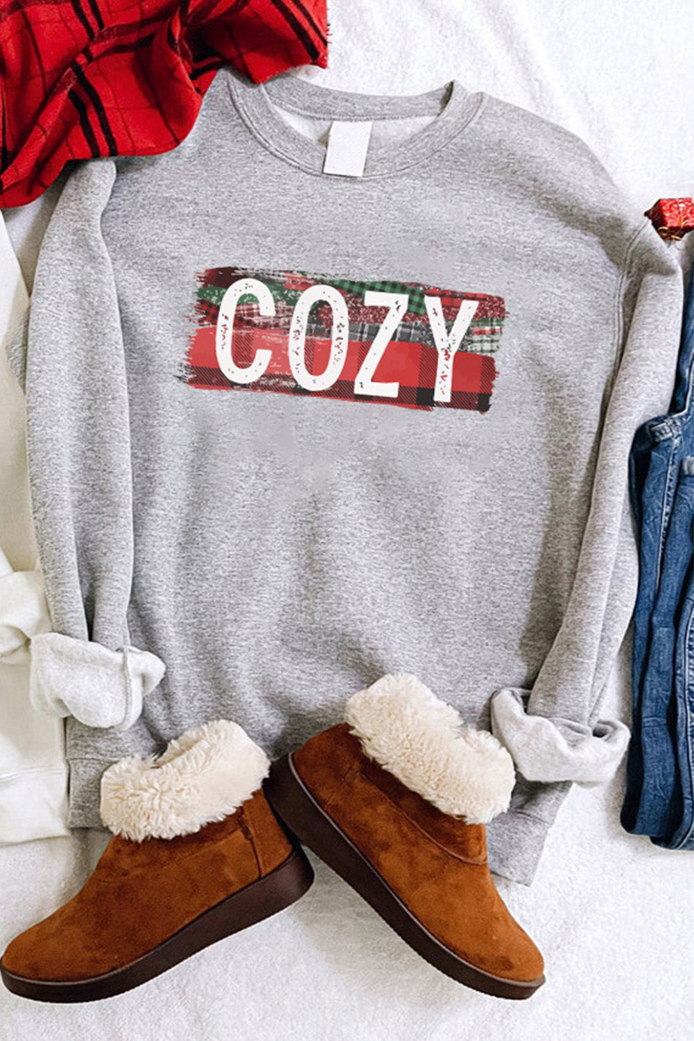 Gray COZY Plaid Print Long Sleeve Pullover Sweatshirt 3486