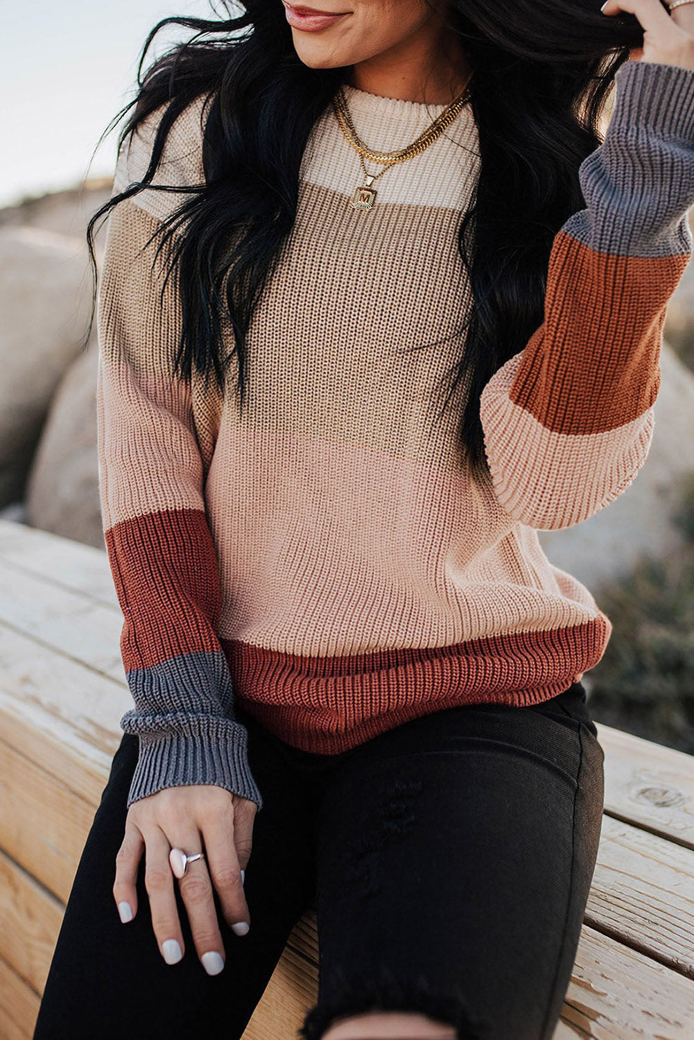 Color Block Knitted O-neck Pullover Sweater Item NO.: 2563 -16