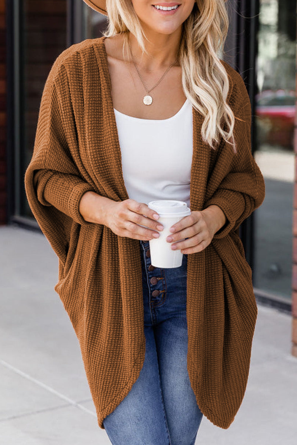 Brown Waffle Knit Open Front Rounded Hem Cardigan 1492
