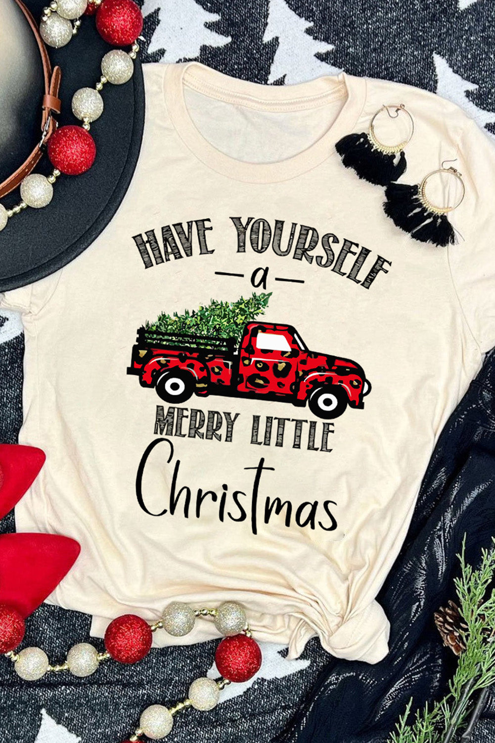 Khaki Christmas Tree Leopard Truck Print Graphic T Shirt Item NO.: 9009