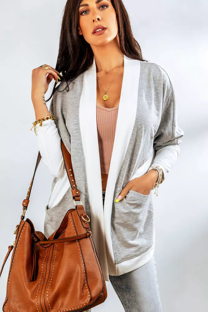 Gray Contrast Trim Open Front Pocketed Cardigan Item NO.: 1481