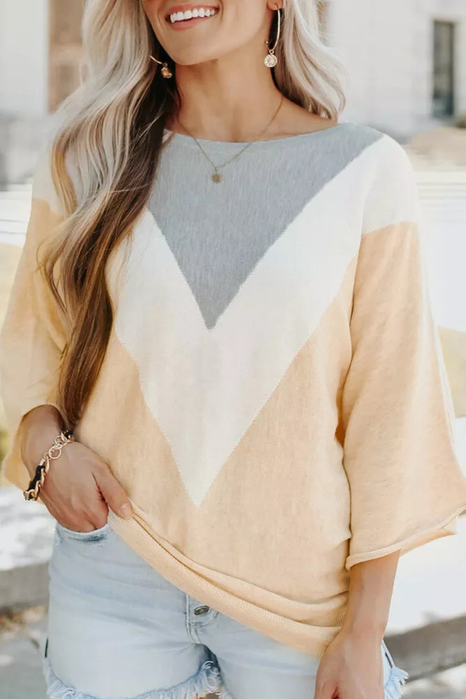 Apricot 3/4 Sleeve Chevron Color Block Sweater Item NO.:  2359