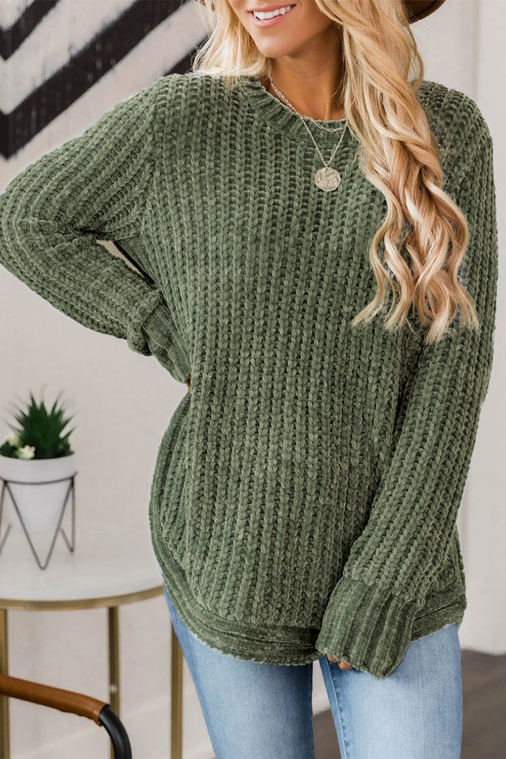 Green Long Sleeve Round Hem Cable Knit Sweater 2646