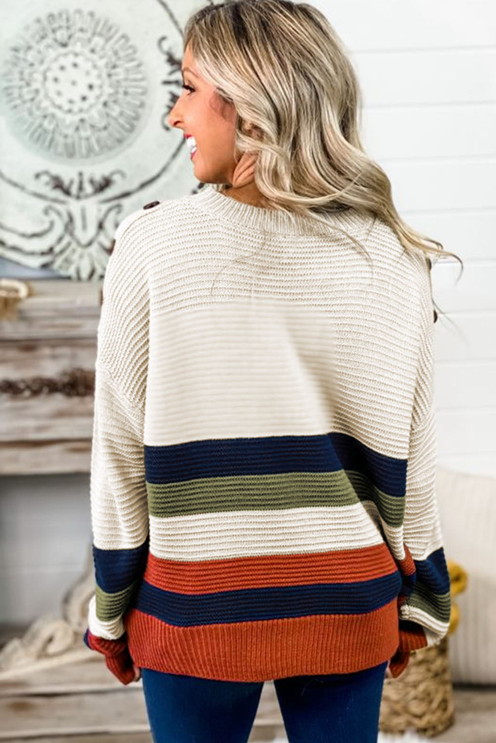 White Buttoned Shoulder Drop Shoulder Striped Sweater Item NO.: 2536