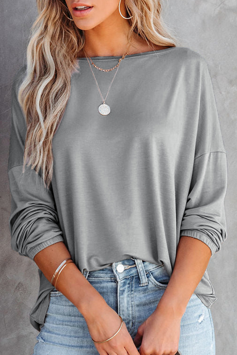 Gray Loose Fit Wide Neck Batwing Sleeves Top Item NO.: 7142