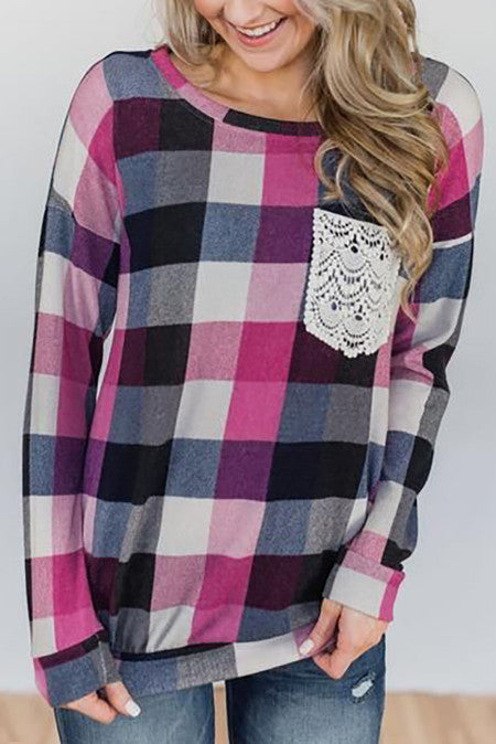 Pink Plaid Print Lace Pocket Long Sleeve Top Item NO.: 9796