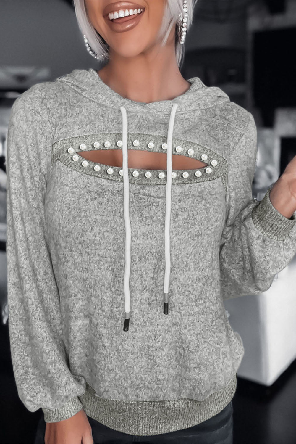 Gray Cut Out Bead Long Sleeve Pullover Sweatshirt Item NO: 3222