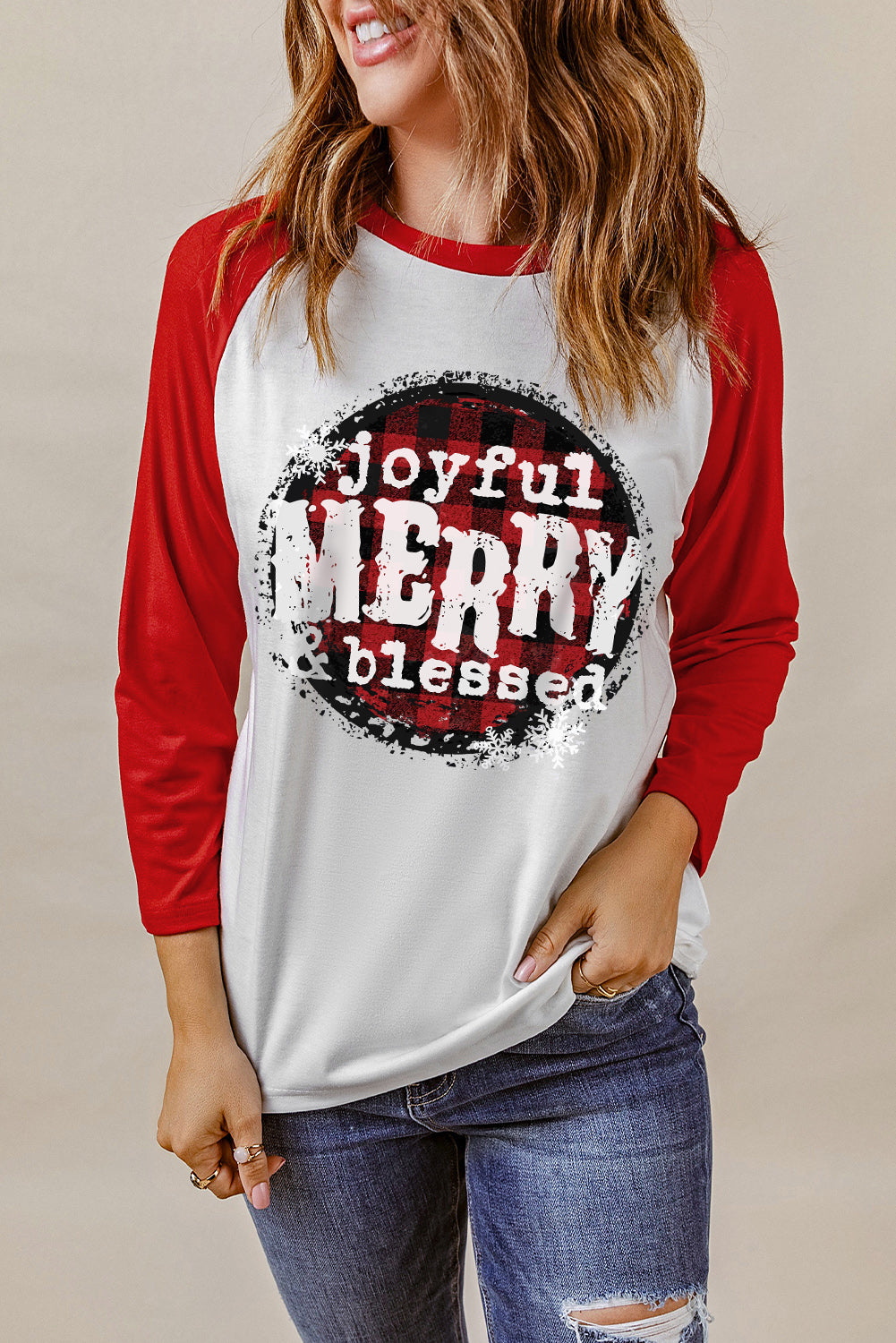 Red Joyful Merry & Blessed Christmas Plaid Pullover Top Item NO: 8617