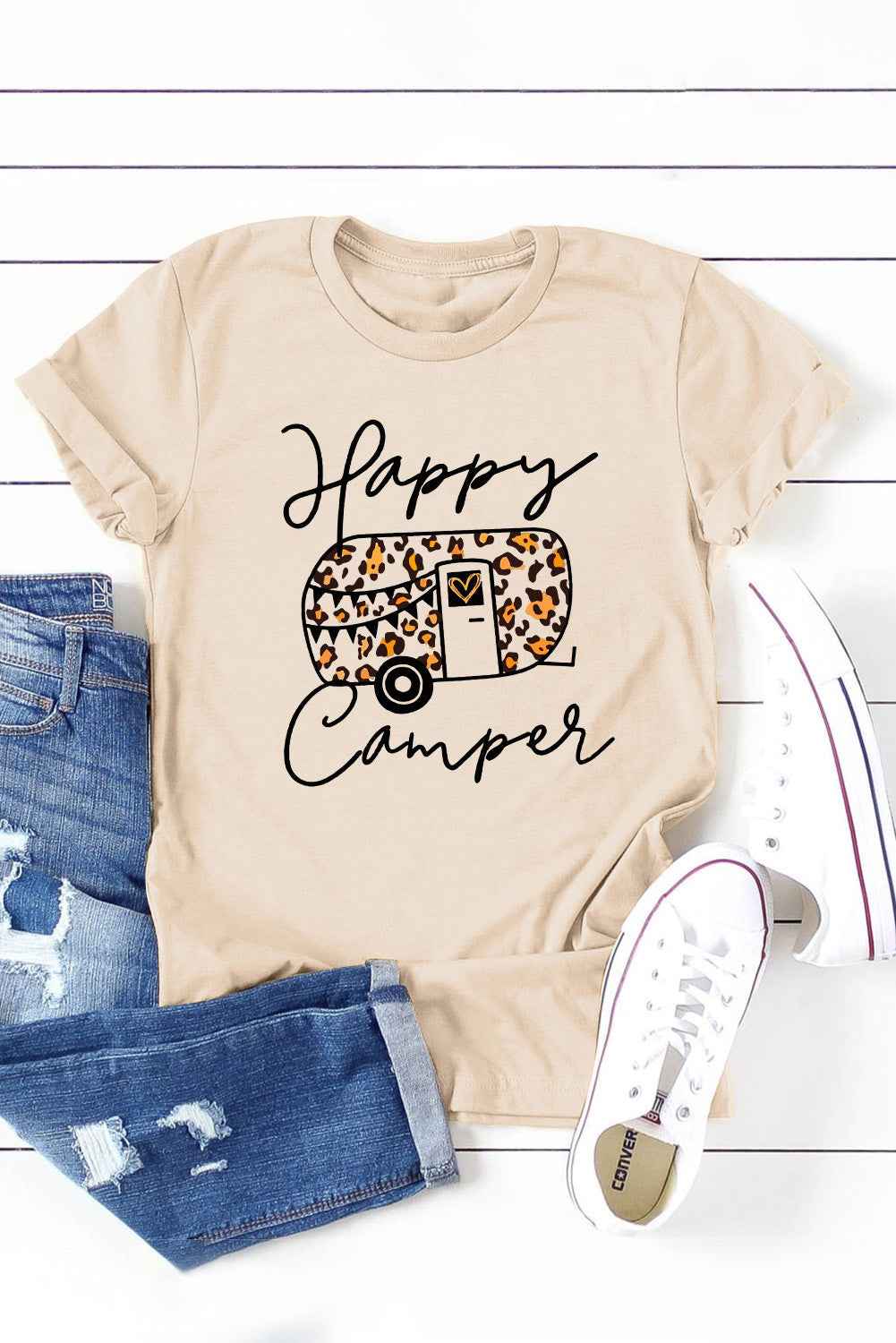 Khaki Happy Camper Letter Pattern Print Short Sleeve T-shirt Item NO.: 4896