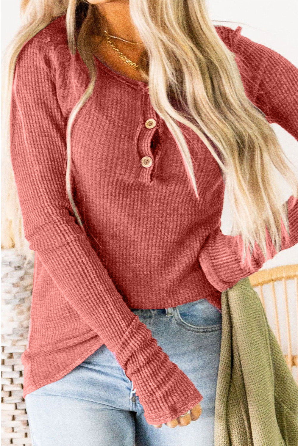 Pink Distressed Button Placket Coarse Texture Pullover Item NO.: 6391