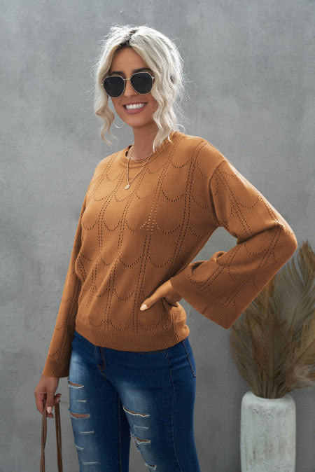 Khaki Flare Sleeve Texture Knit Sweater 1369
