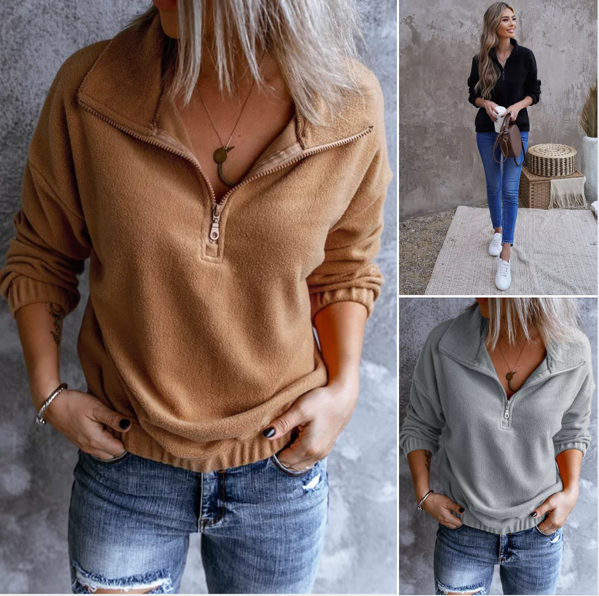 Turn-down Collar Long Sleeve Zipper Fleece Pullover Sweatshirt  8070