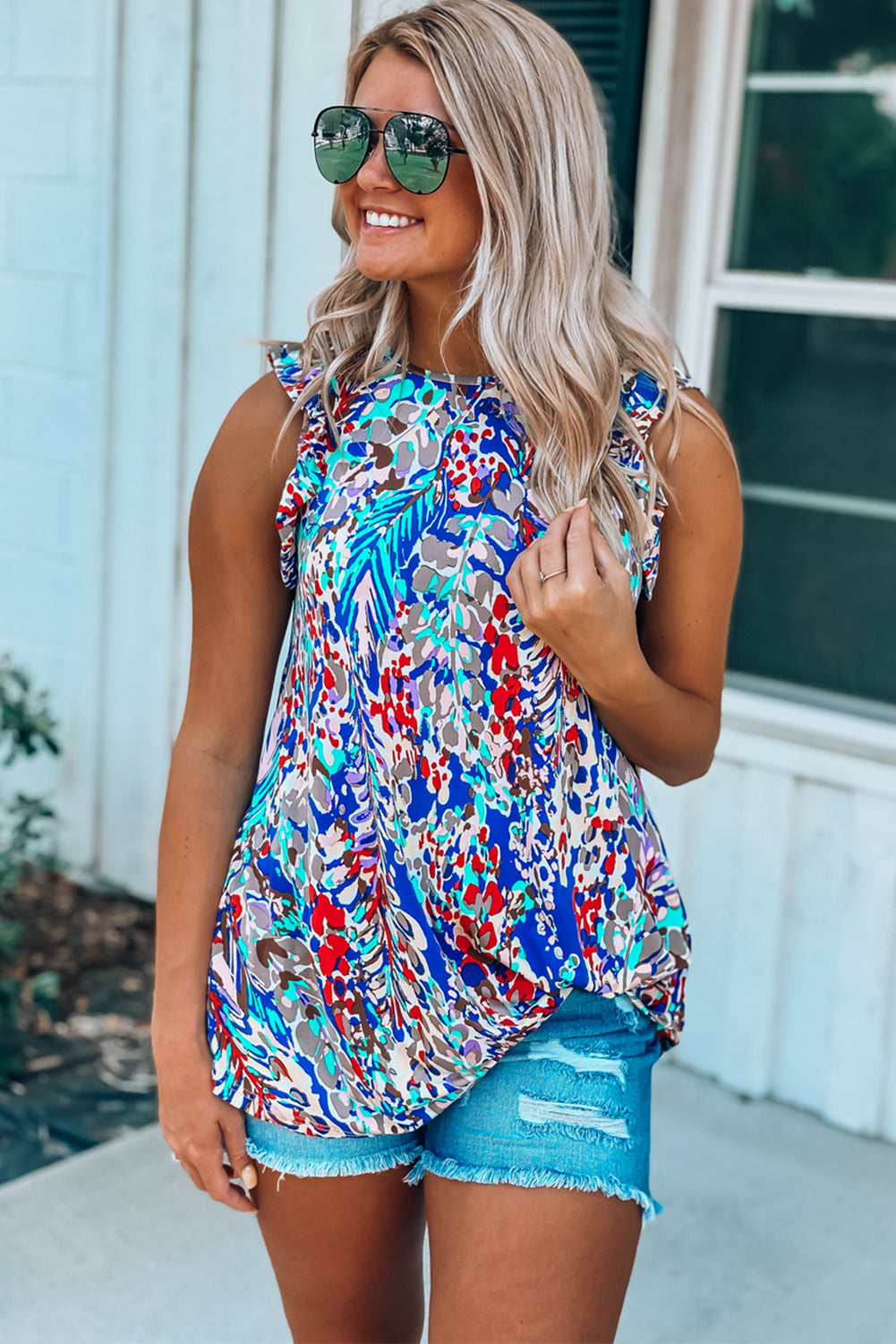 Blue Floral Print Tank Top with Ruffles  NO: 2445