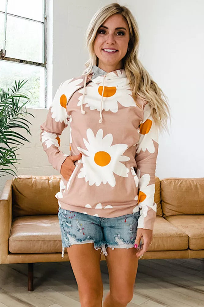 Pink Daisy Print Zipped Doublehood Sweatshirt Item NO.: 25312258