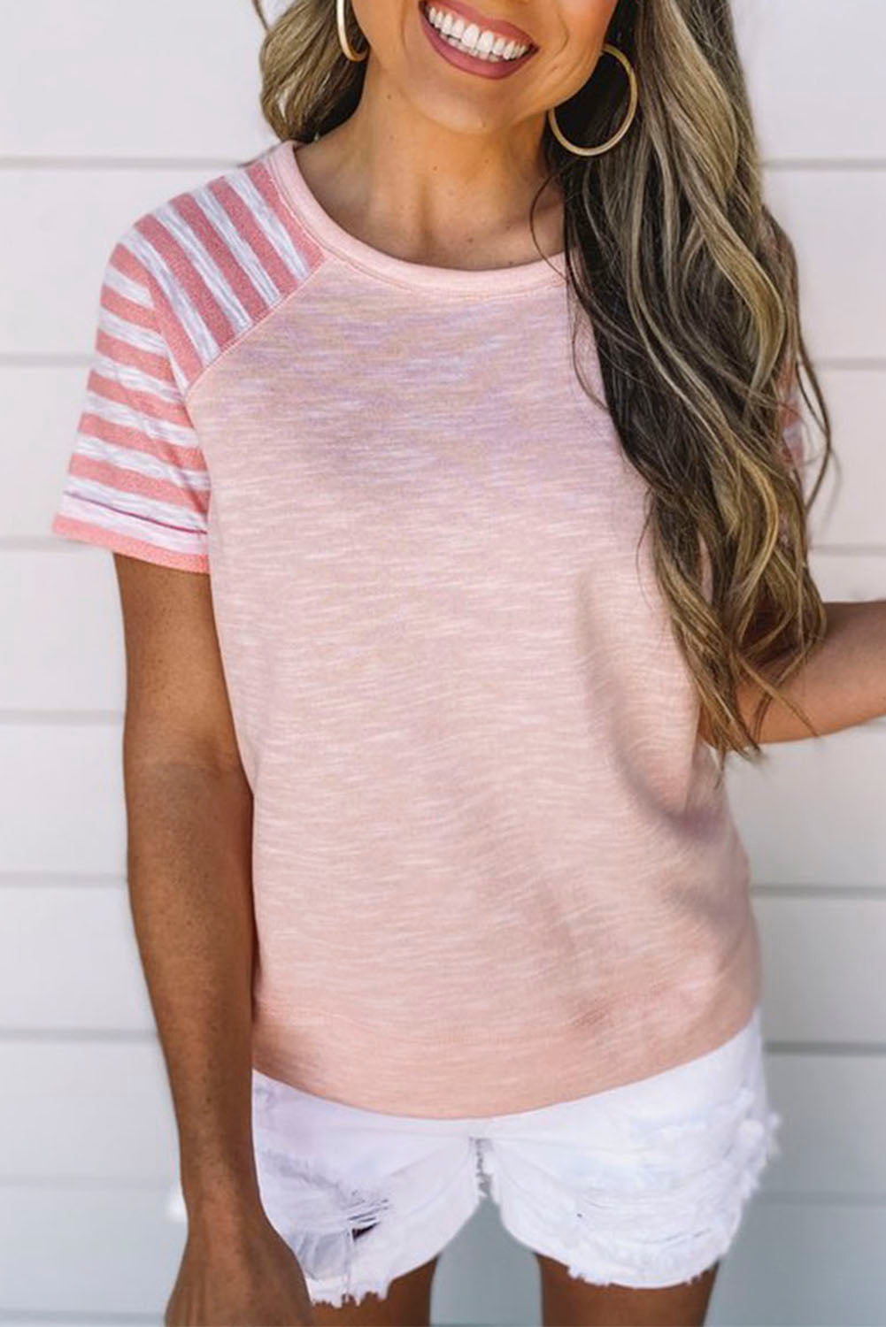 Pink Crewneck Raglan Sleeve Striped Patchwork T-shirt Item NO.:5028