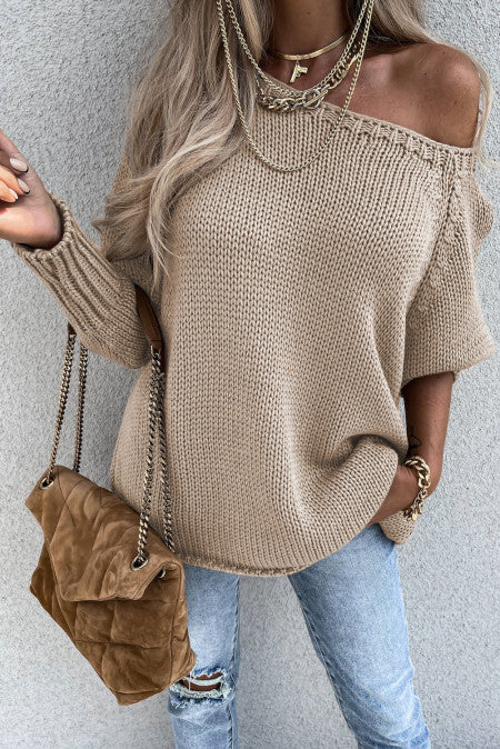 Khaki Loose Long Sleeve Knitted Sweater Item NO.: 1922