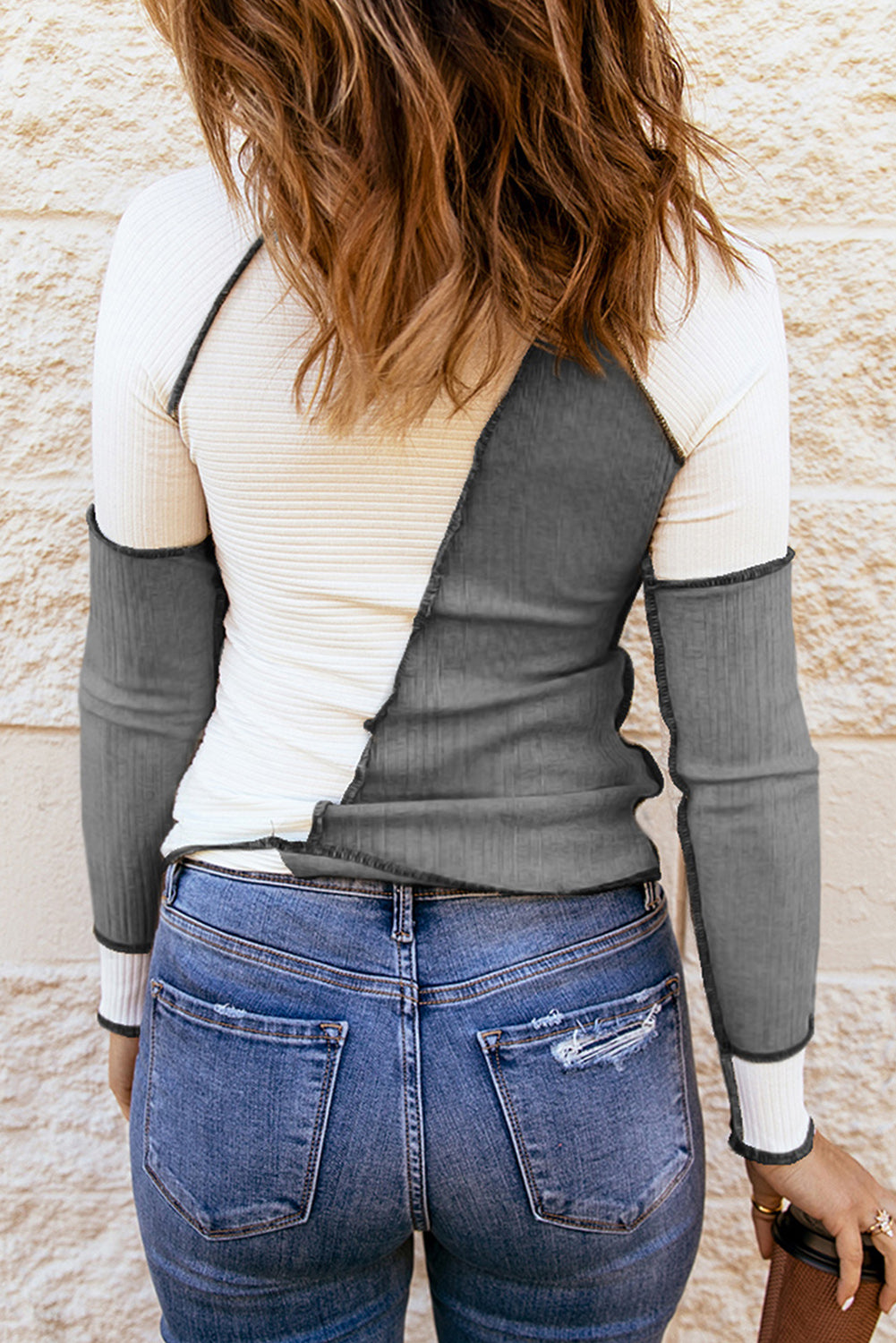 Gray Irregular Color Block Seaming Trim Rib Knit Top Item NO.: 5248