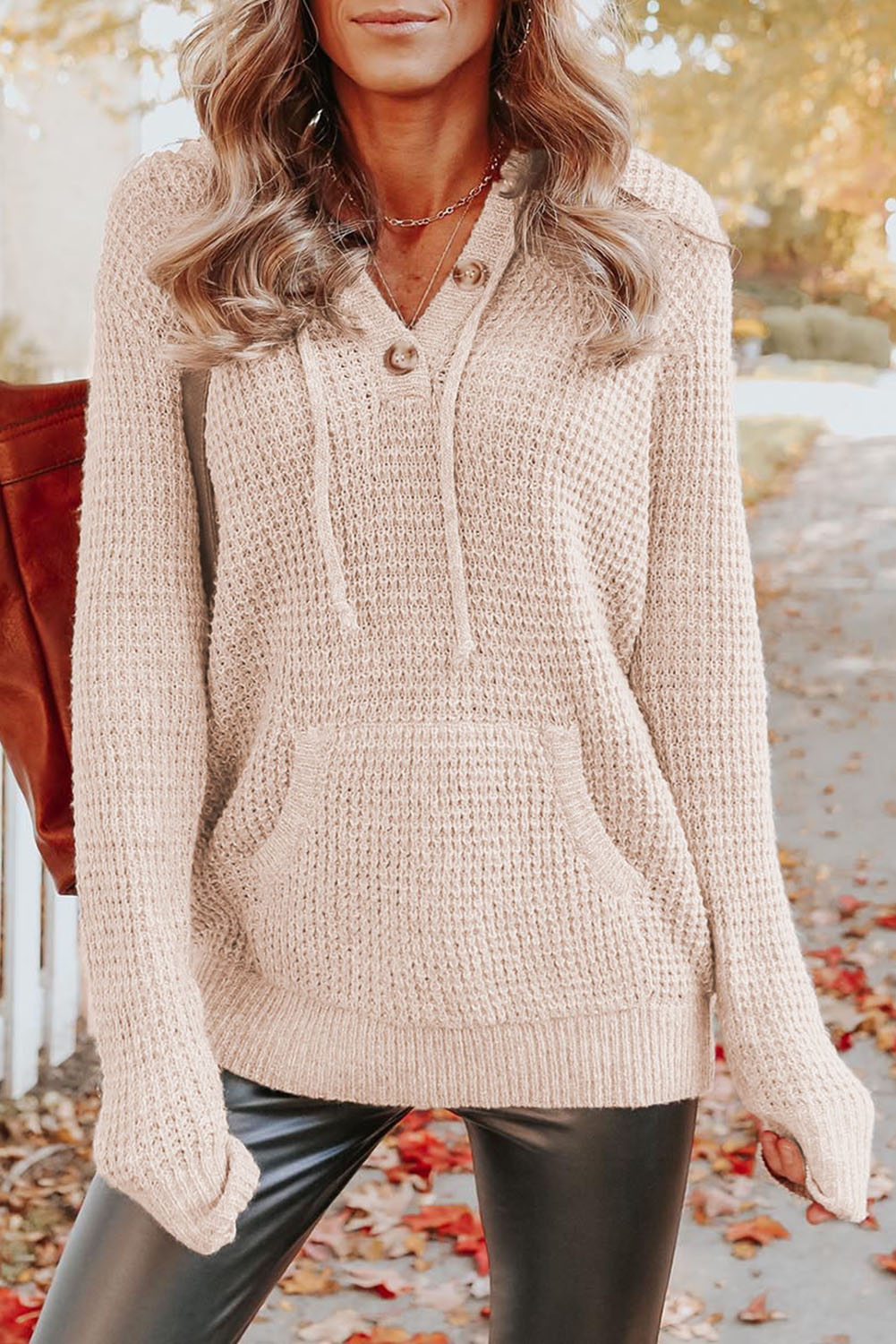 Apricot Waffle Knit Buttons Hooded Sweater with Pocket Item NO.: 2557