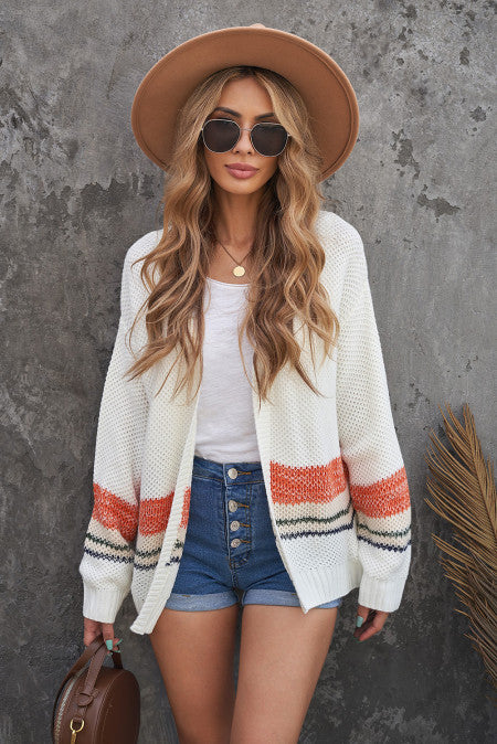 Striped Open Front Bubble Sleeve Knitted Cardigan Item NO.: 4961