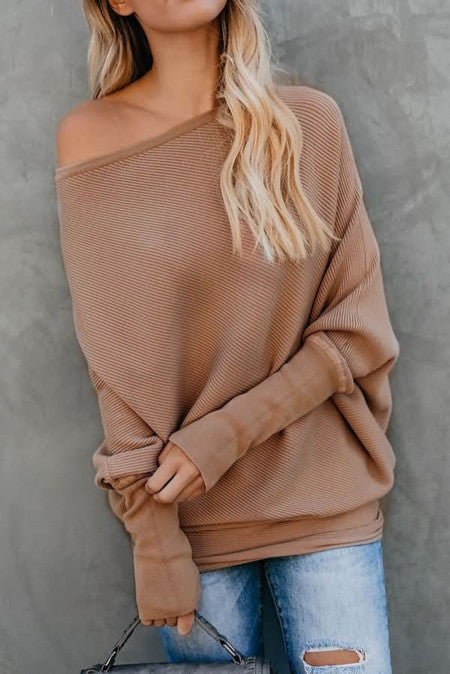 Khaki Slouchy One Shoulder Dolman Sleeves Ribbed Sweater Item NO.: 2509