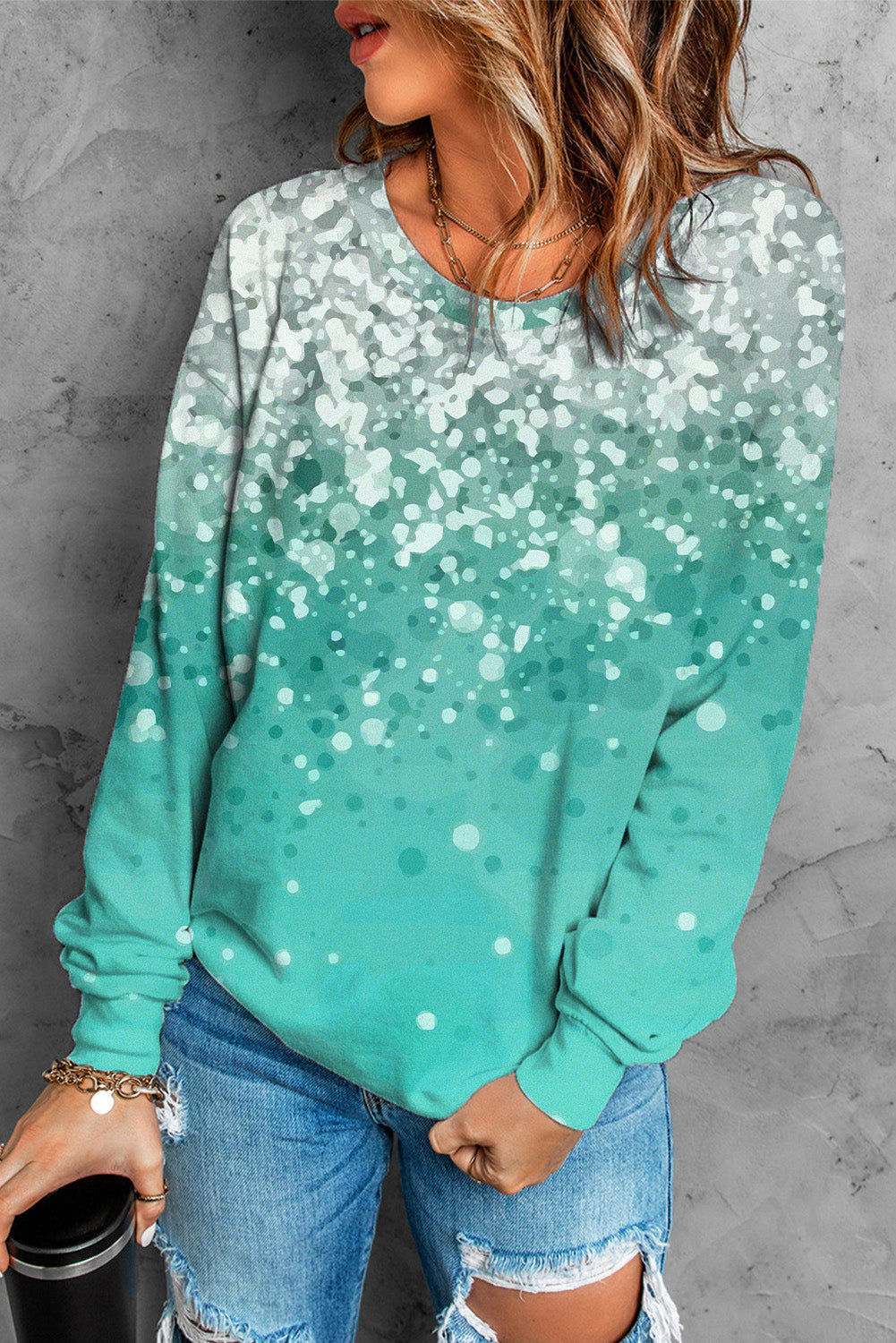 Sky Blue Bleached Splatter Gradient Long Sleeve Sweatshirt Item NO.: 6863