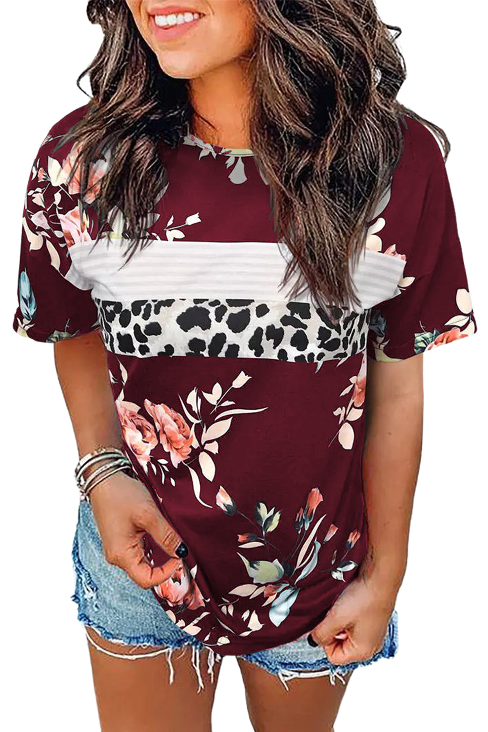Red Leopard Striped Floral T Shirt Item NO.: 3747