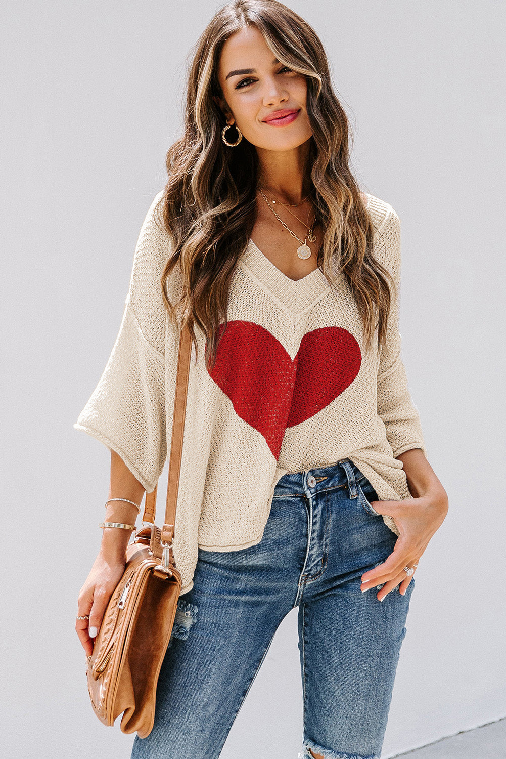 Beige V-neck Dropped Sleeve Heart Print Slouchy Top Item NO.: 4061