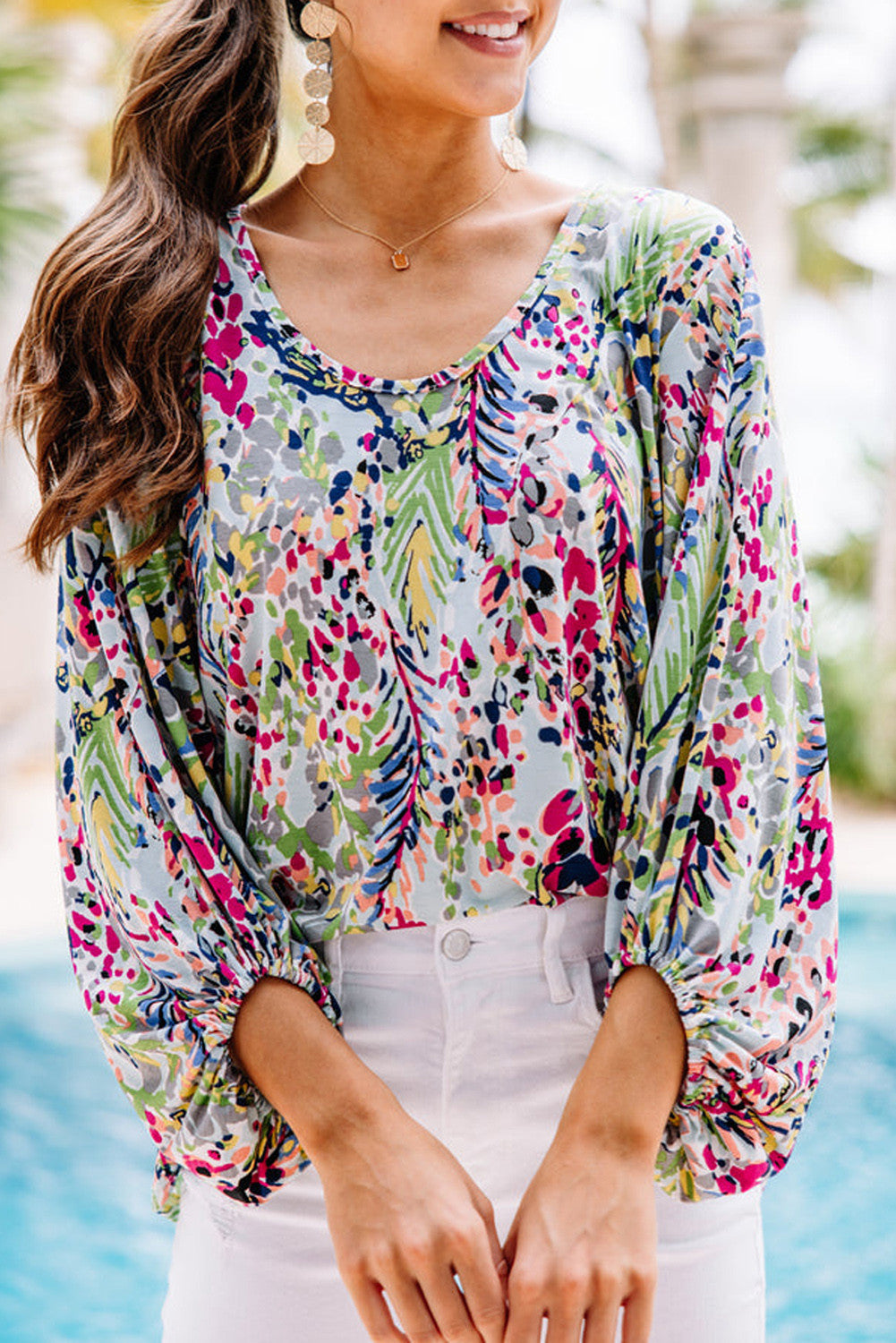 Green Floral Print Puffy Sleeve Loose Blouse Item NO.: 4734