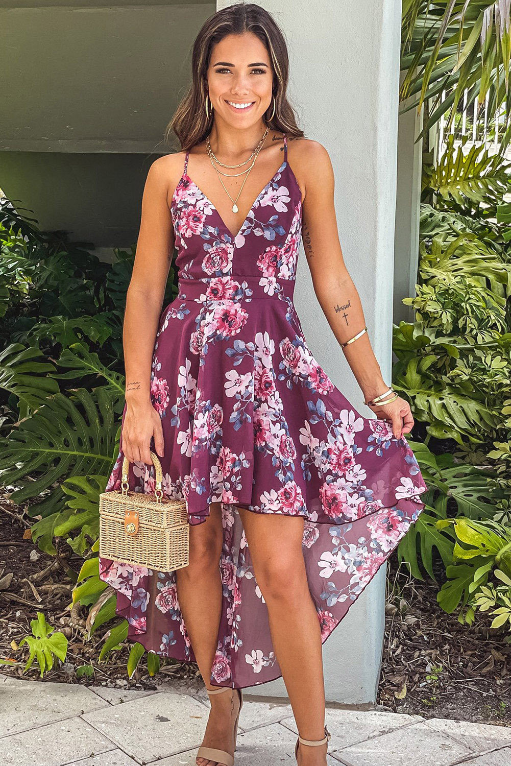 Burgundy Floral High-low Dress with Lace Back Item NO.: 8808